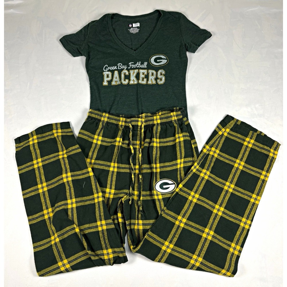 Green Bay Packers Women's Small Pajama Set Flannel Plaid Pants V-Neck NFL Team